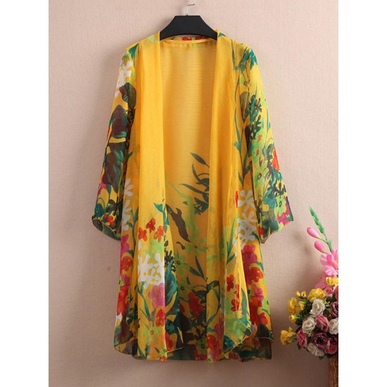 Casual Women Floral Printed 3/4 Sleeve Sheer Kimonos