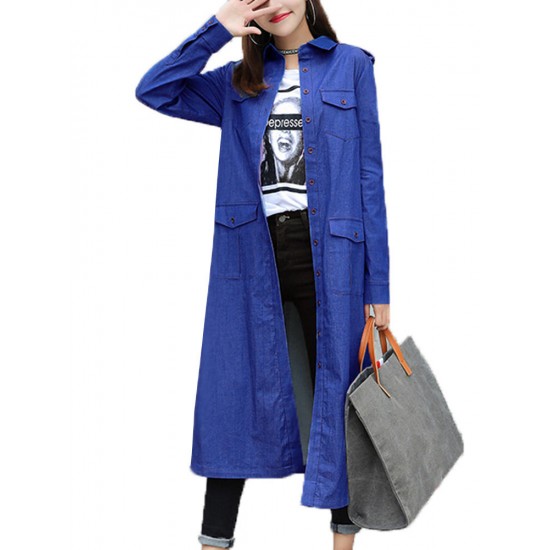 Casual Women Long Sleeve Pocket Button Long Denim Cardigan