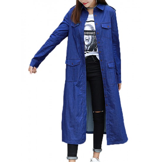 Casual Women Long Sleeve Pocket Button Long Denim Cardigan