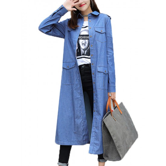 Casual Women Long Sleeve Pocket Button Long Denim Cardigan