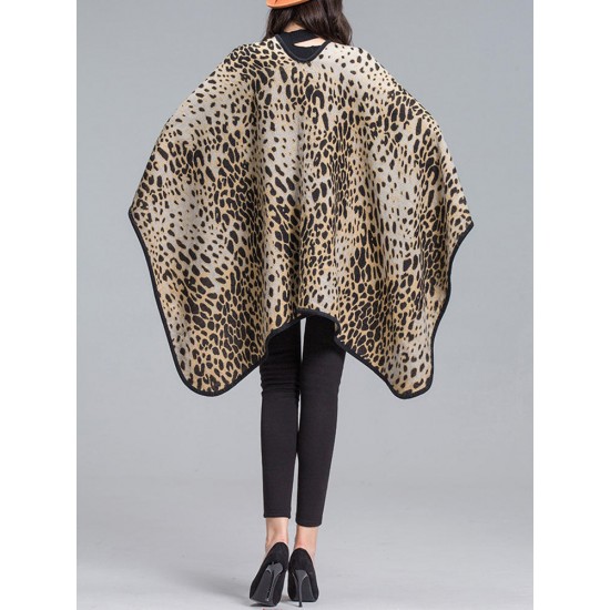 Elegant Leopard Printed Patchwork Shawl Loose Cloak Cardigans for Women