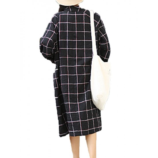 Vintage Women Cotton Loose Plaid V-neck Long Sleeve Outerwear Cardigans