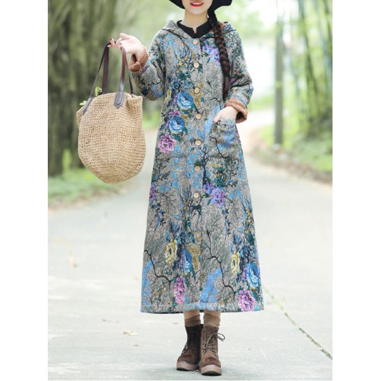 Vintage Women Floral Print Cotton Linen Button Hooded Long Coats with Pockets