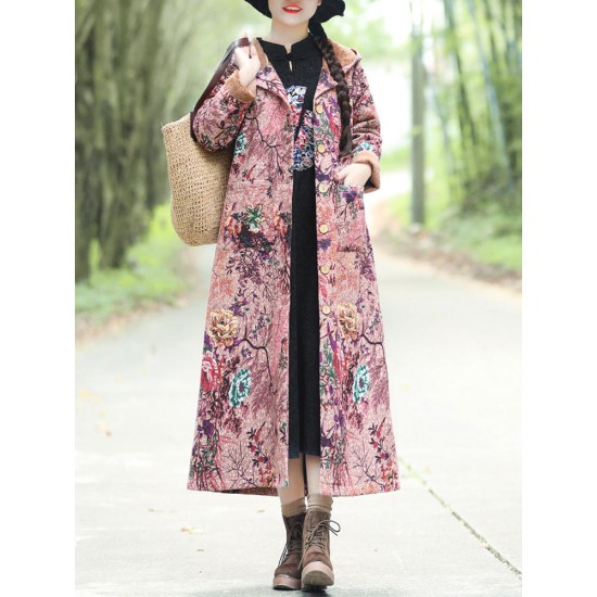 Vintage Women Floral Print Cotton Linen Button Hooded Long Coats with Pockets