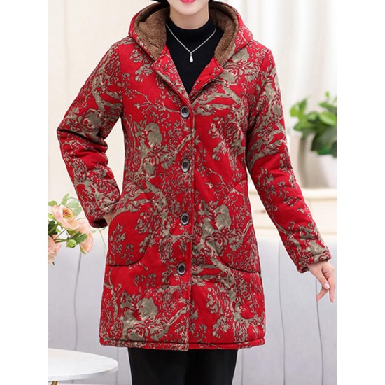 Autumn Winter Fleece Thicken Print Hooded Long Sleeve Coats