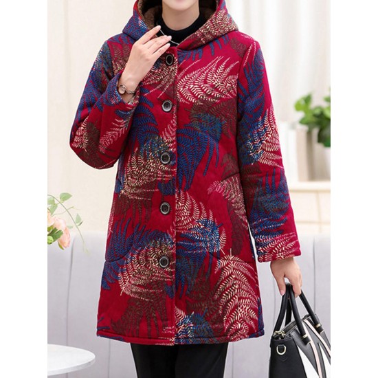 Autumn Winter Fleece Thicken Print Hooded Long Sleeve Coats