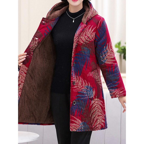 Autumn Winter Fleece Thicken Print Hooded Long Sleeve Coats