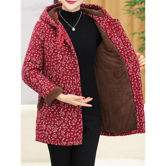 Autumn Winter Floral Print Buttons Thicken Hooded Coats