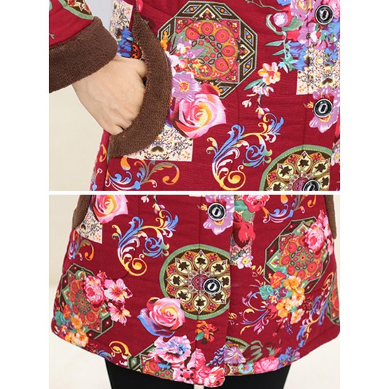 Autumn Winter Floral Print Buttons Thicken Hooded Coats