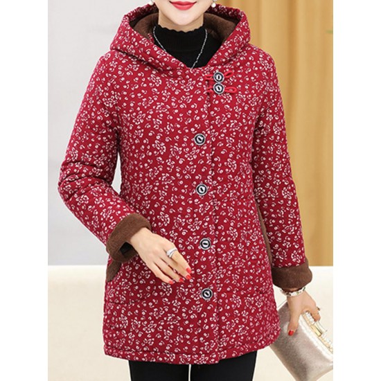 Autumn Winter Floral Print Buttons Thicken Hooded Coats