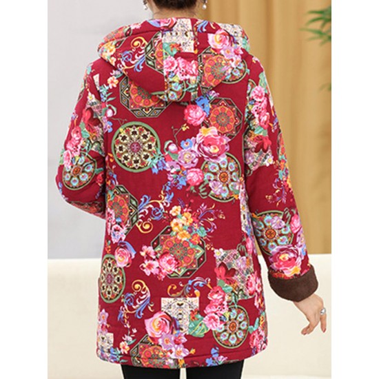 Autumn Winter Floral Print Buttons Thicken Hooded Coats