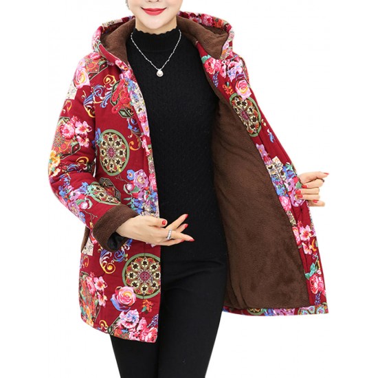 Autumn Winter Floral Print Buttons Thicken Hooded Coats