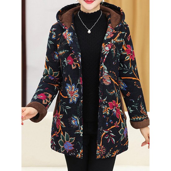 Autumn Winter Floral Print Buttons Thicken Hooded Coats