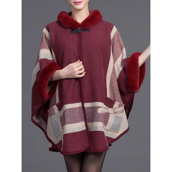 Autumn Winter Thick Shawl Print Cloak 3/4 Sleeve Elegant Coats