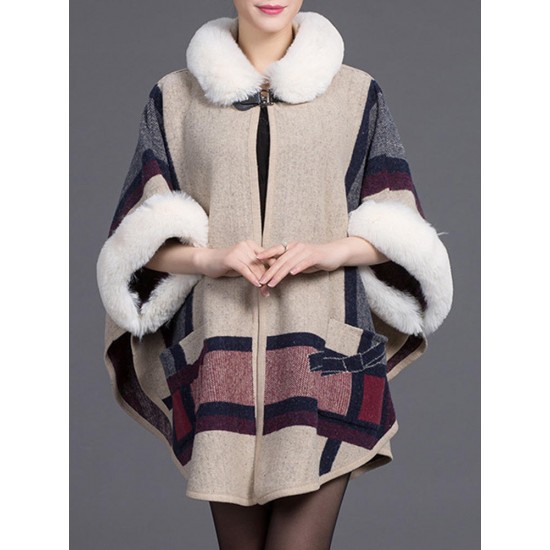 Autumn Winter Thick Shawl Print Cloak 3/4 Sleeve Elegant Coats