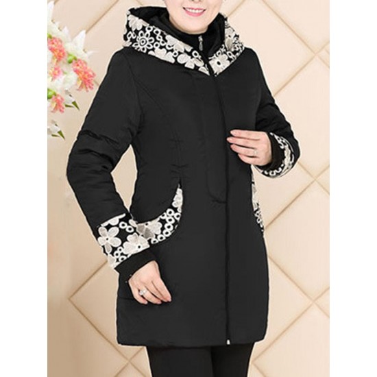 Casual Hooded Patchwork Printing Cotton-Padded Thick Warm Coat