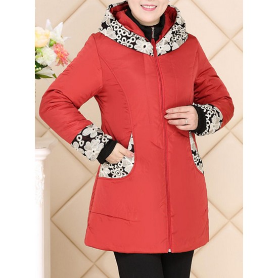 Casual Hooded Patchwork Printing Cotton-Padded Thick Warm Coat