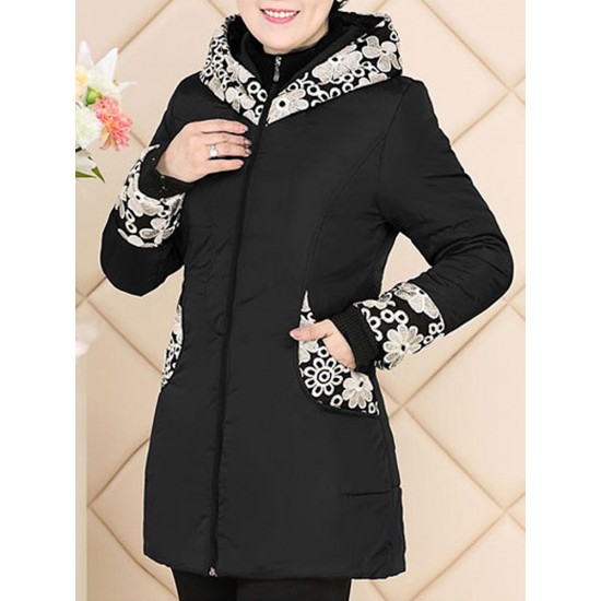 Casual Hooded Patchwork Printing Cotton-Padded Thick Warm Coat