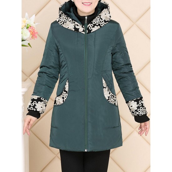 Casual Hooded Patchwork Printing Cotton-Padded Thick Warm Coat