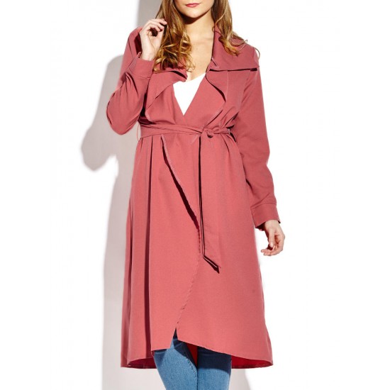 Casual Lapel Long Sleeve Women Long Coat With Belt