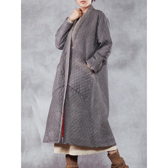 Casual Loose Plaid Solid Pockets Stand Collar Long Sleeve Women Coats