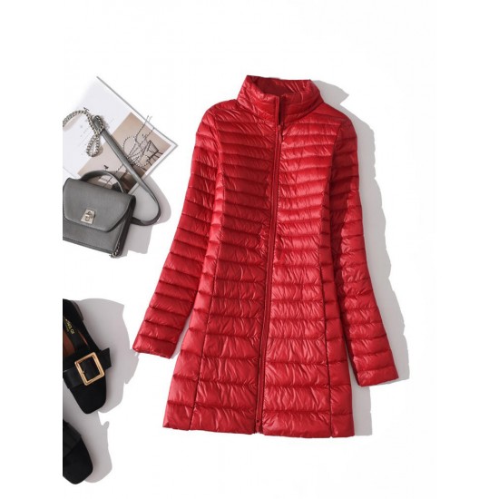 Casual Loose Pure Color Stand Collar Long Sleeve Light Down Coats