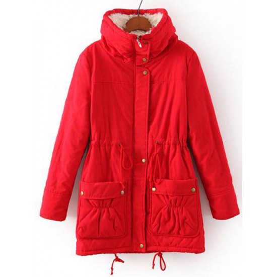 Casual Loose Solid Color Drawstring Waist Thicken Hooded Women Coats