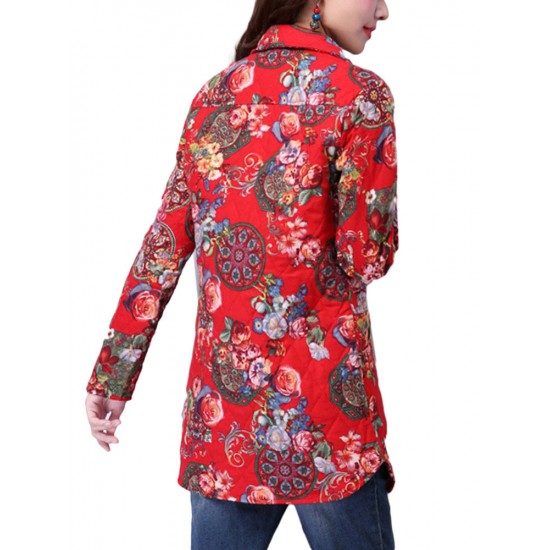 Casual Pocket Linen Cotton Printed Long Sleeve Lapel Button Women Coat