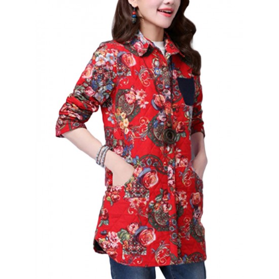 Casual Pocket Linen Cotton Printed Long Sleeve Lapel Button Women Coat