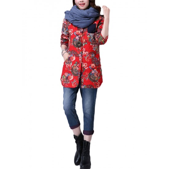 Casual Pocket Linen Cotton Printed Long Sleeve Lapel Button Women Coat