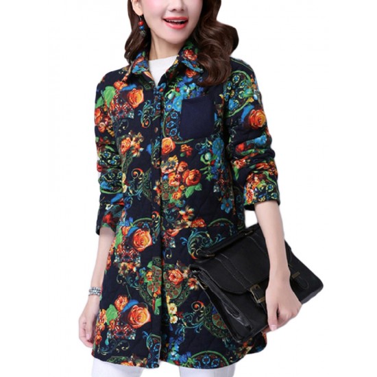 Casual Pocket Linen Cotton Printed Long Sleeve Lapel Button Women Coat