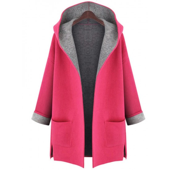 L-5XL Women Solid Color Autumn Winter Hooded Coats with Pockets