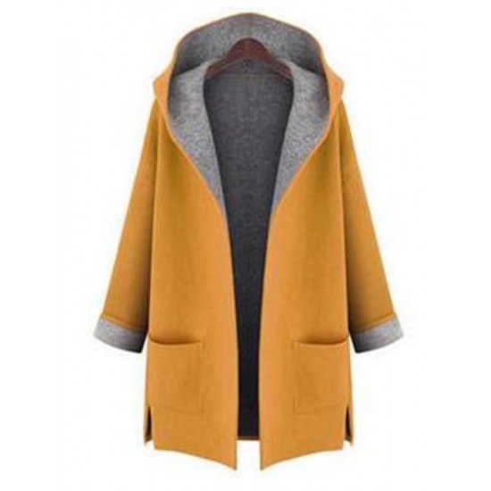 L-5XL Women Solid Color Autumn Winter Hooded Coats with Pockets