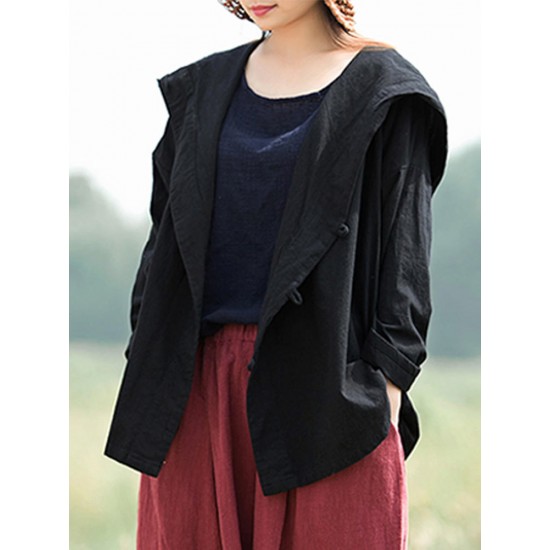 S-5XL Women Cotton Long Sleeve Solid Button Hooded Thin Outerwear