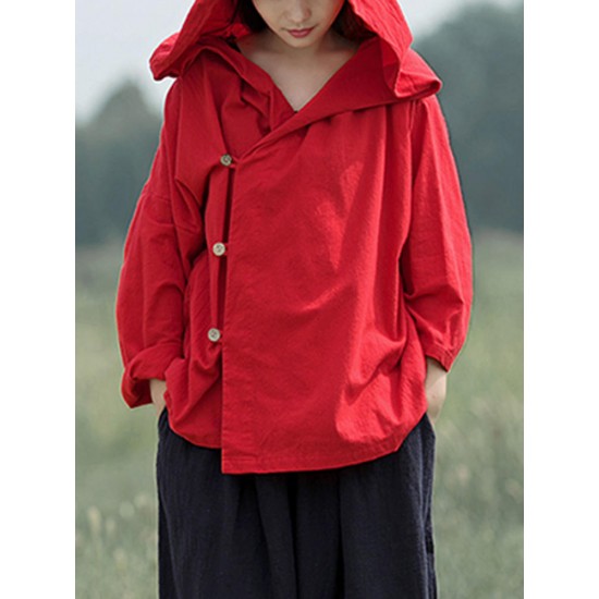 S-5XL Women Cotton Long Sleeve Solid Button Hooded Thin Outerwear