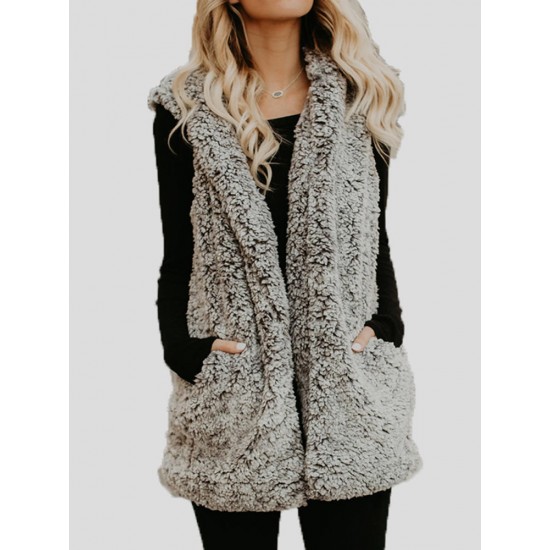 Women Sleeveless Pure Color Hooded Fluffy Fur Outwear Coats