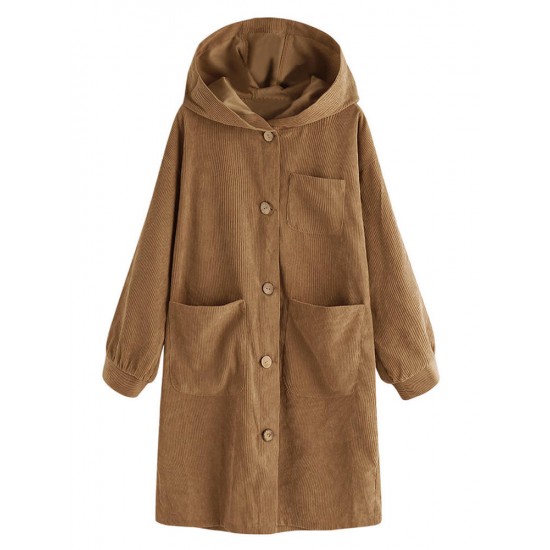 Women Solid Color Button Corduroy Hooded Trench Coats