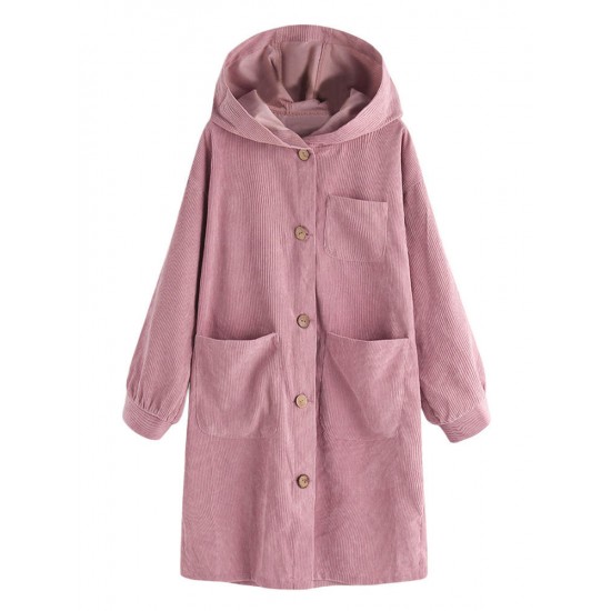 Women Solid Color Button Corduroy Hooded Trench Coats