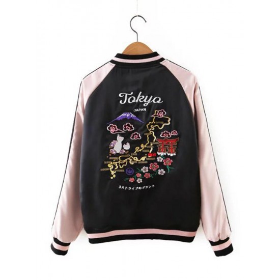 Black Women Both Sides Wearable Zip Up Crane Embroidered Baseball Jacket