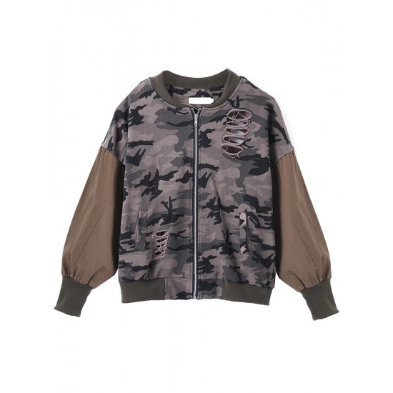 Camouflage Loose Army Green Long Sleeve Hole Short Jacket