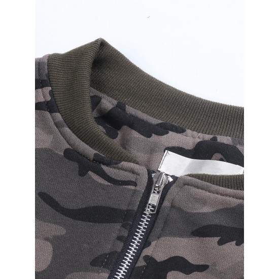 Camouflage Loose Army Green Long Sleeve Hole Short Jacket