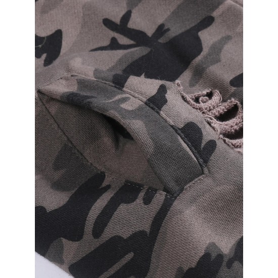 Camouflage Loose Army Green Long Sleeve Hole Short Jacket