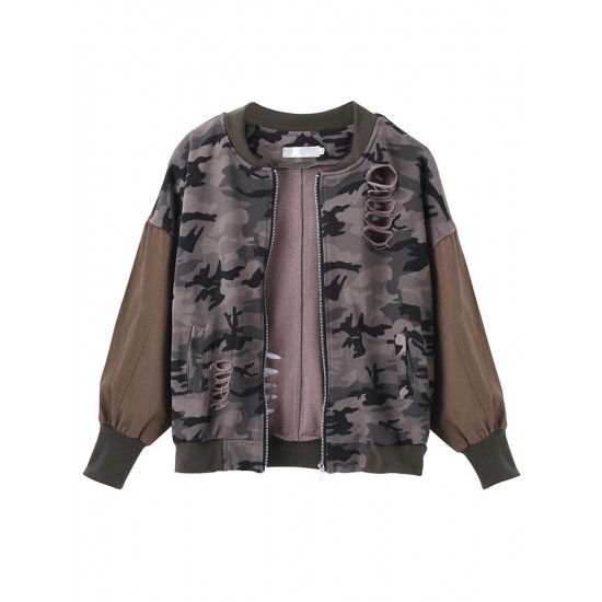 Camouflage Loose Army Green Long Sleeve Hole Short Jacket