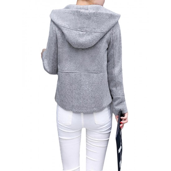 Casual Solid Hooded Long Sleeve Zipper Woolen Women Jacket