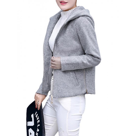 Casual Solid Hooded Long Sleeve Zipper Woolen Women Jacket