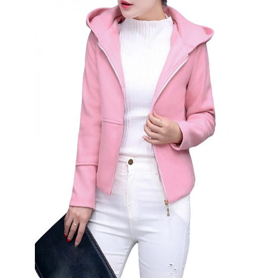 Casual Solid Hooded Long Sleeve Zipper Woolen Women Jacket