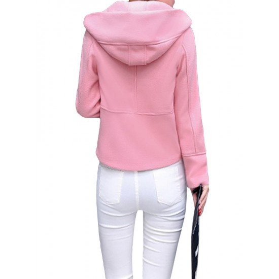 Casual Solid Hooded Long Sleeve Zipper Woolen Women Jacket