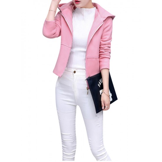 Casual Solid Hooded Long Sleeve Zipper Woolen Women Jacket