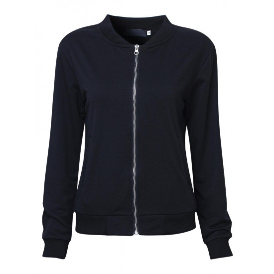 Casual Solid Long Sleeve Zipper Black Women Baseball Jacket