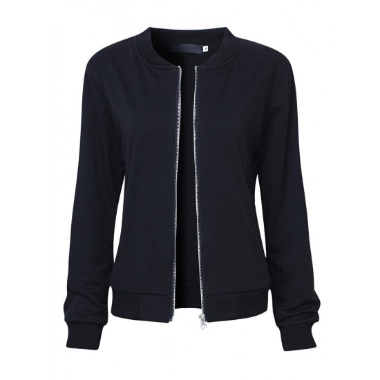 Casual Solid Long Sleeve Zipper Black Women Baseball Jacket